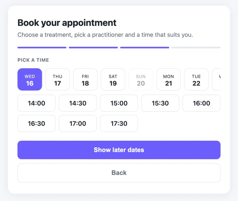 The public booking page, showing the real free times left in the practitioner's day