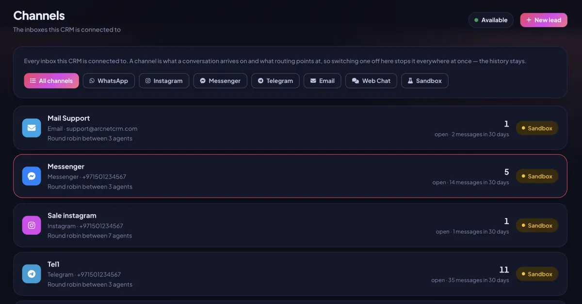 The CR8 Channels screen in the dark theme: each connected inbox — email, Messenger, Instagram, Telegram and WhatsApp — with its routing and its open conversations
