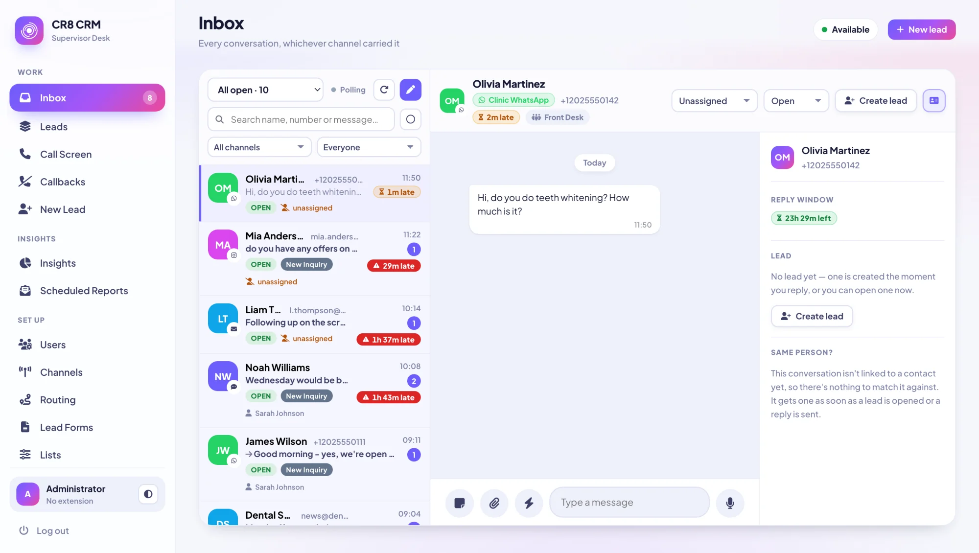 CR8 CRM unified inbox showing a WhatsApp customer conversation open beside the shared queue, with the customer panel and reply window on the right