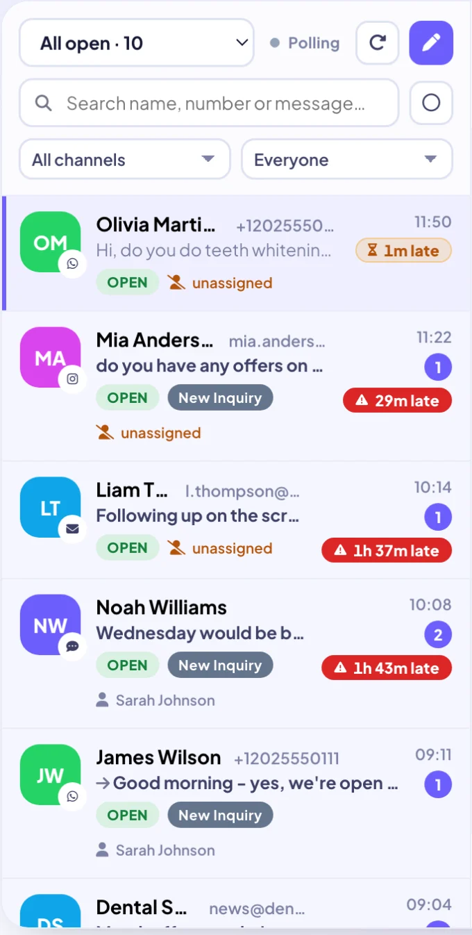 CR8 CRM shared inbox queue listing WhatsApp, Instagram, email and web chat conversations, each with its channel badge, open status, owner and response-time warning
