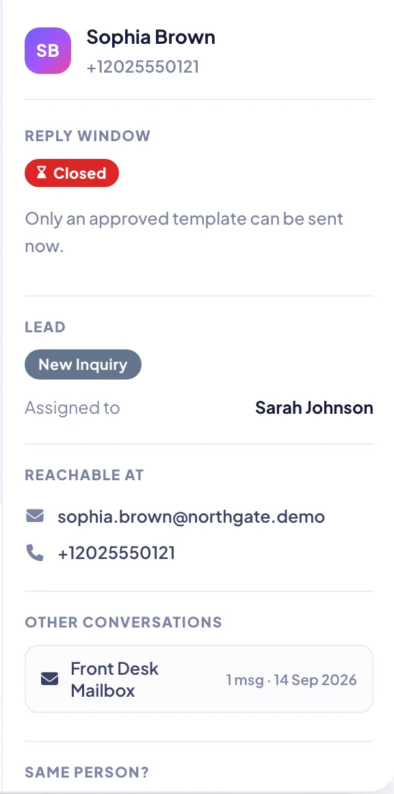CR8 CRM customer record panel showing the customer's name and number, reply-window status, lead stage and owner, contact details and their other conversations